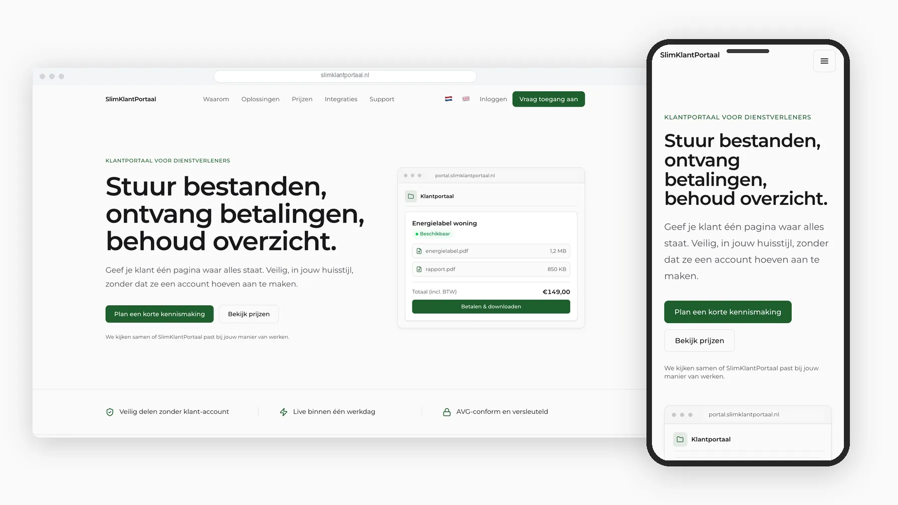 De openingspagina op een bureaubladscherm met dezelfde pagina op een telefoon ernaast