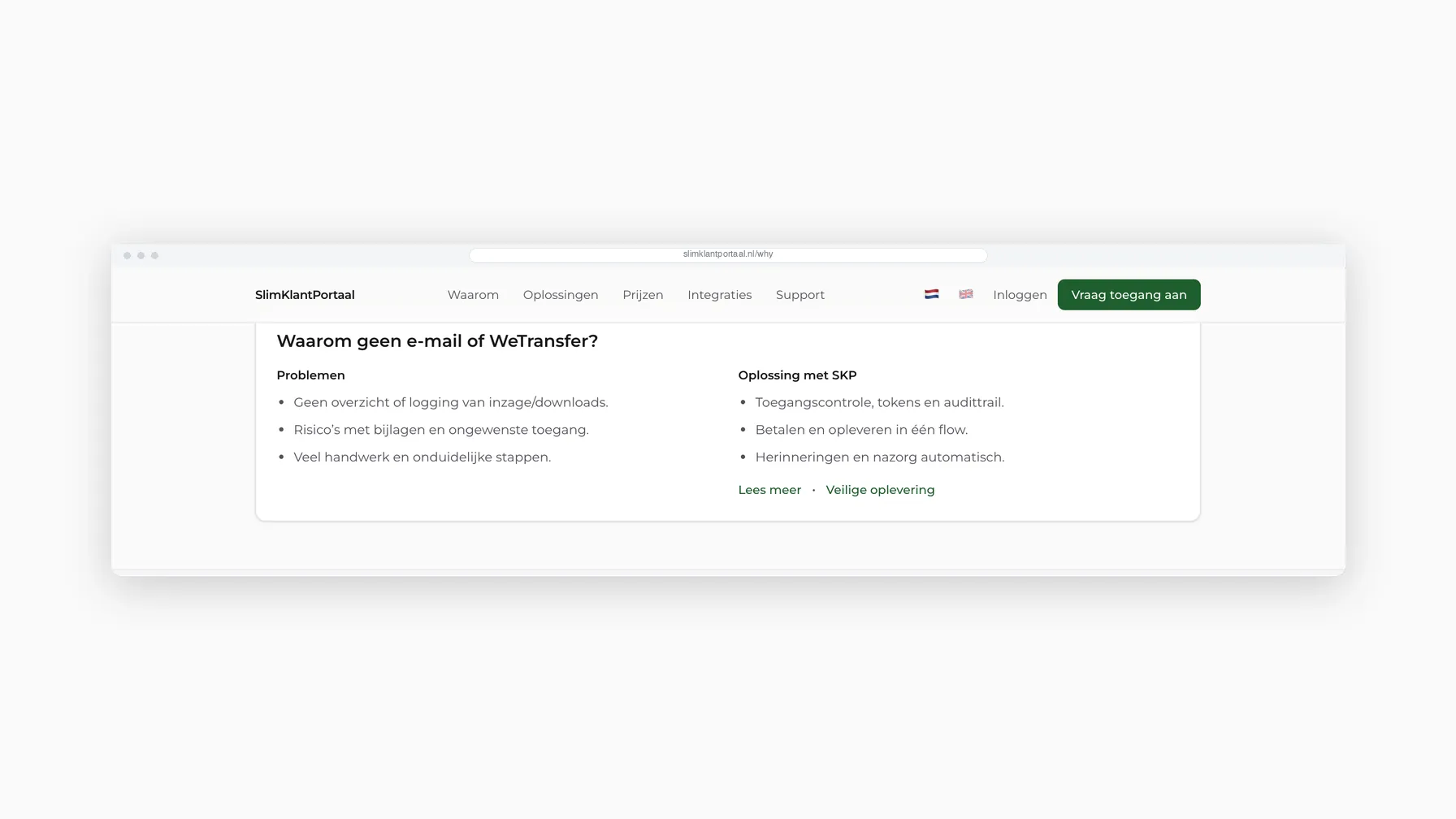 Vergelijking van de problemen met mail en WeTransfer tegenover het portaal