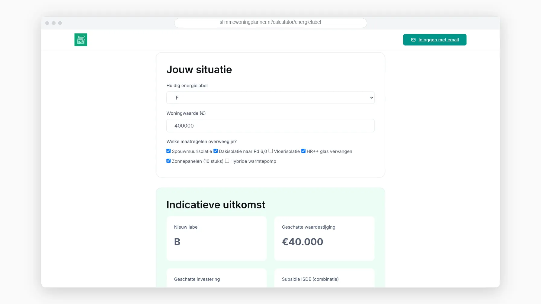 De energielabel-calculator met het huidige label ingevuld en de uitkomst met nieuw label en geschatte waardestijging