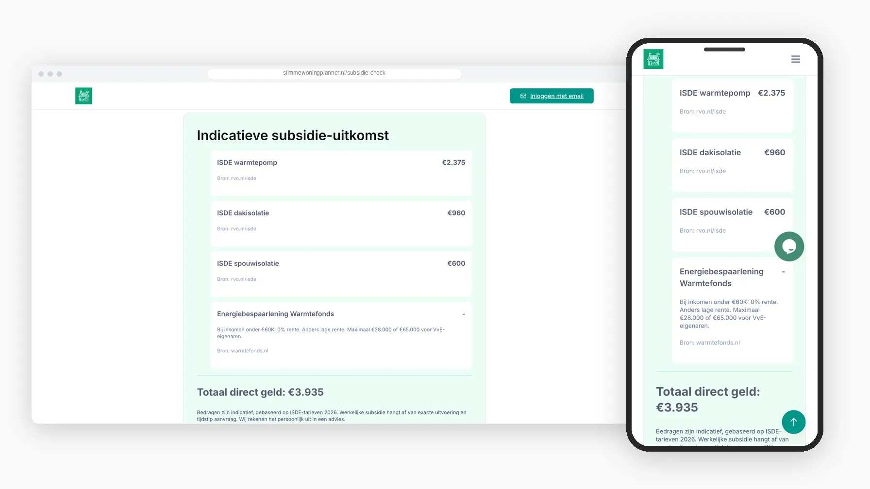 Dezelfde uitkomst op een bureaubladscherm en op een telefoon, met hetzelfde totaalbedrag