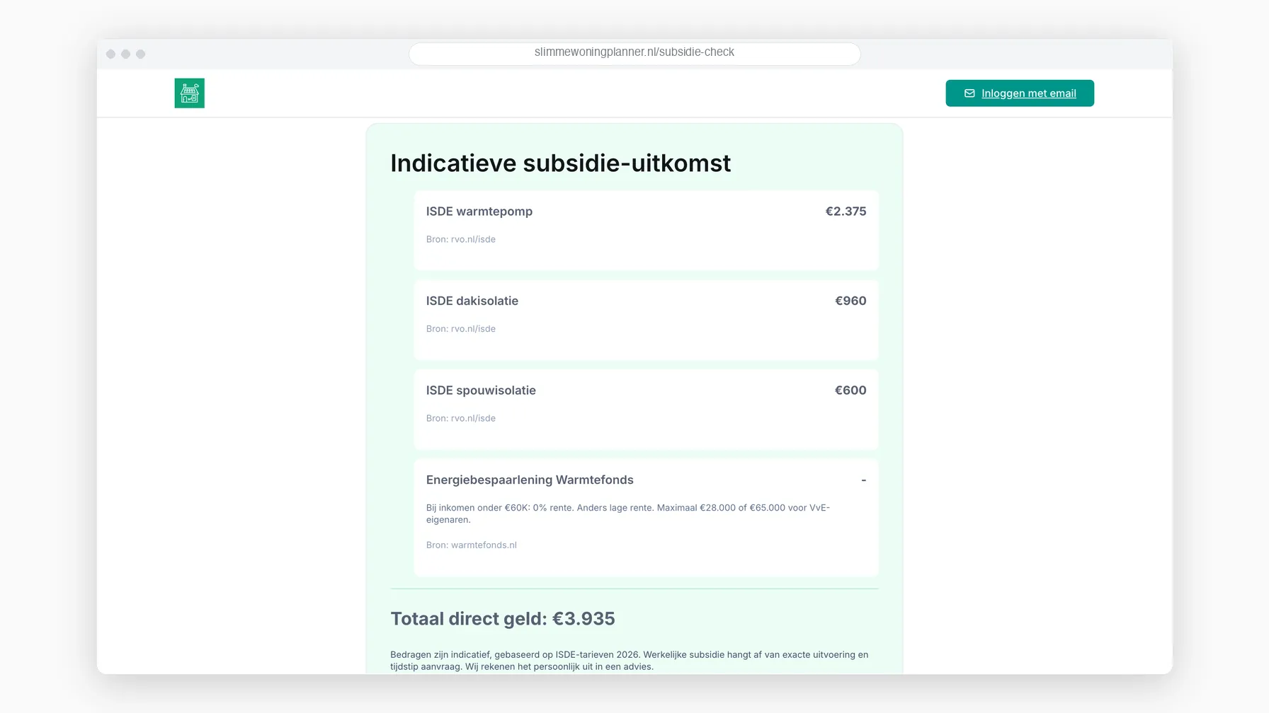 Ingevulde subsidiecheck met de uitkomst per maatregel, een totaalbedrag en de bronvermelding