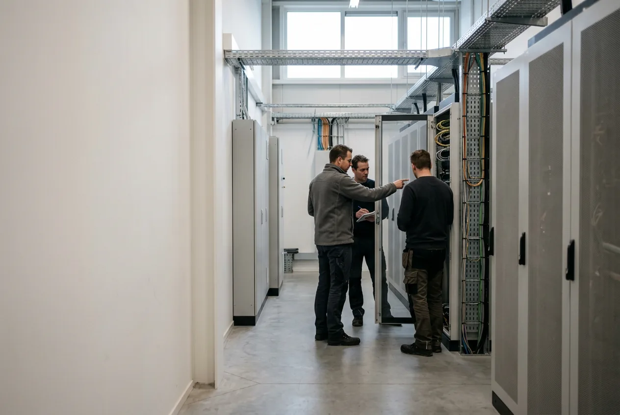 Drie mensen staan bij een geopende serverkast in een technische ruimte, een van hen wijst naar de bekabeling