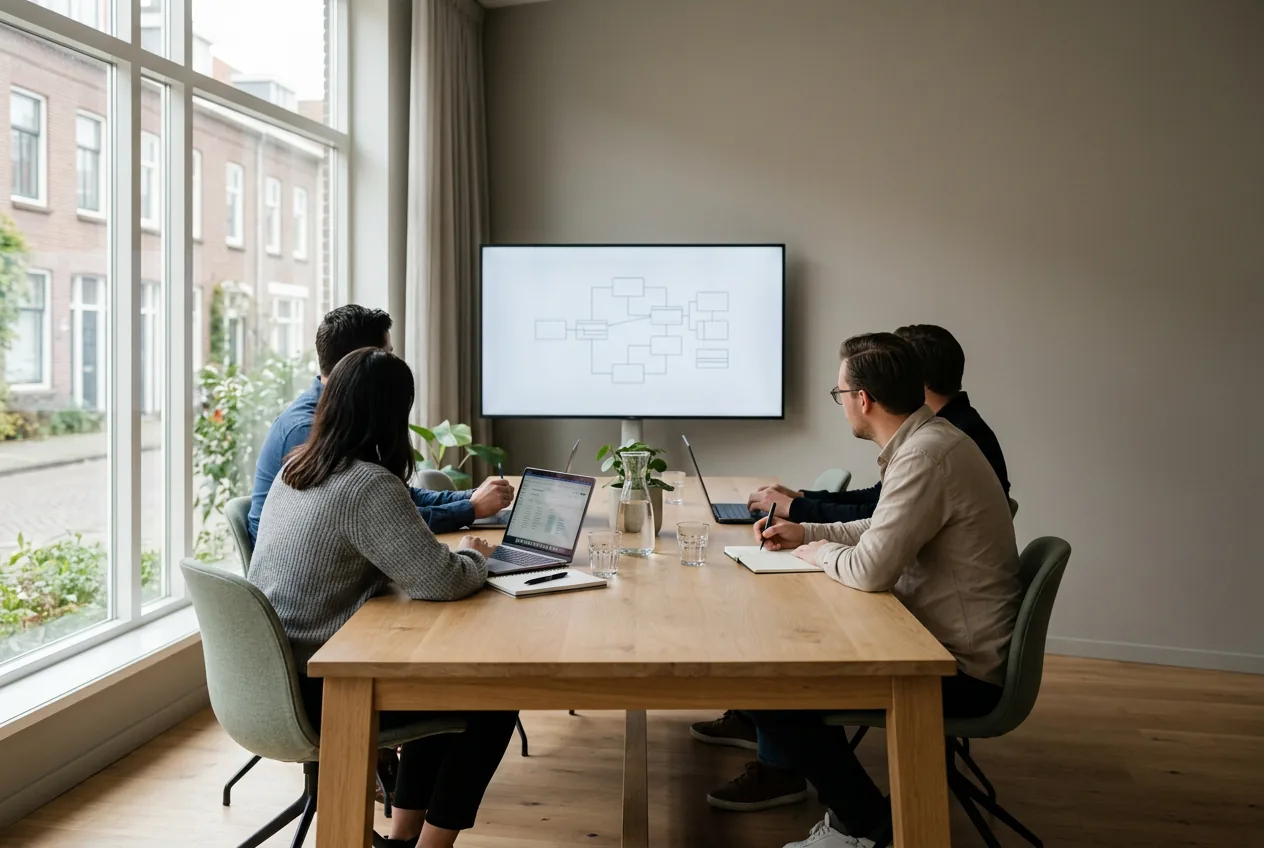 Mensen aan een vergadertafel kijken naar een schema op een scherm aan de wand