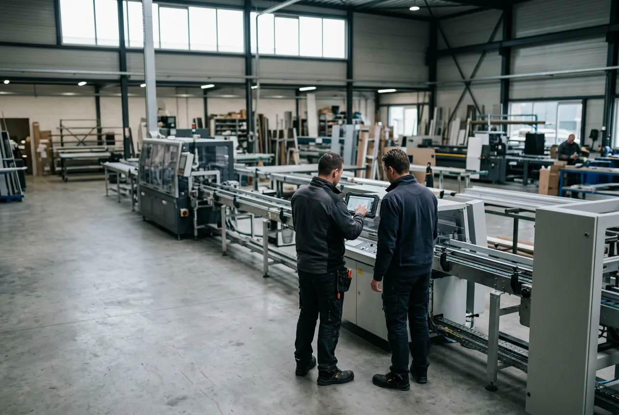 Twee monteurs in werkkleding kijken samen op een tablet bij een machinelijn in een productiehal