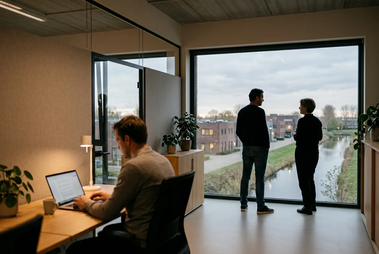 Twee mensen staan te praten bij een groot raam met uitzicht op water en huizen, op de voorgrond werkt iemand aan een laptop