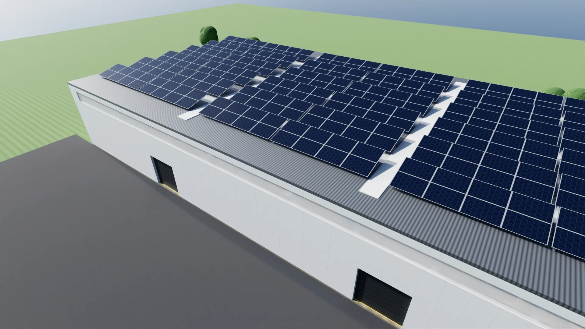 The roof from outside: 648 panels on 36 tables, with roof lights between them.