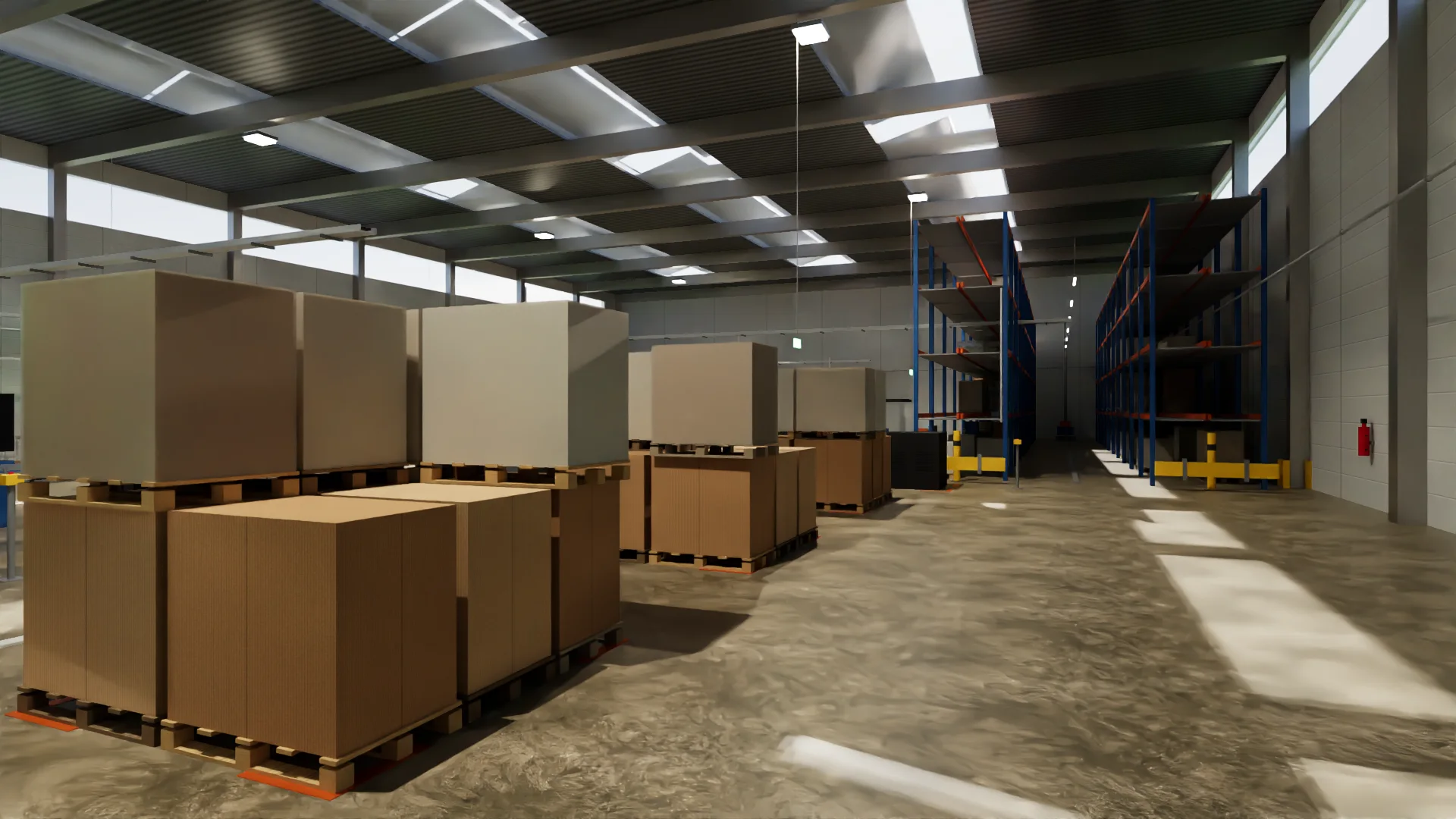 The warehouse: pallets, racking and the drive aisle between them.