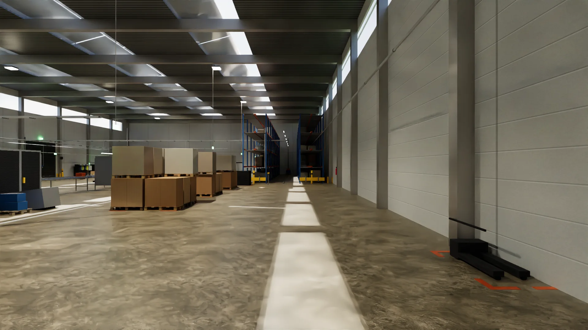 The aisle along the racking, with daylight in bands across the floor.