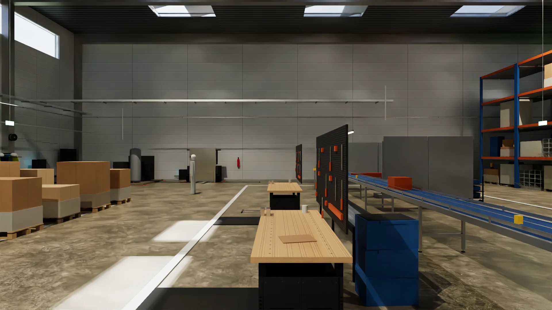 The production line, with tool board and racking behind it.