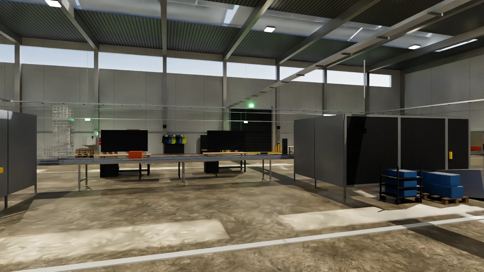 From the other side, with roller door and crates on pallets.
