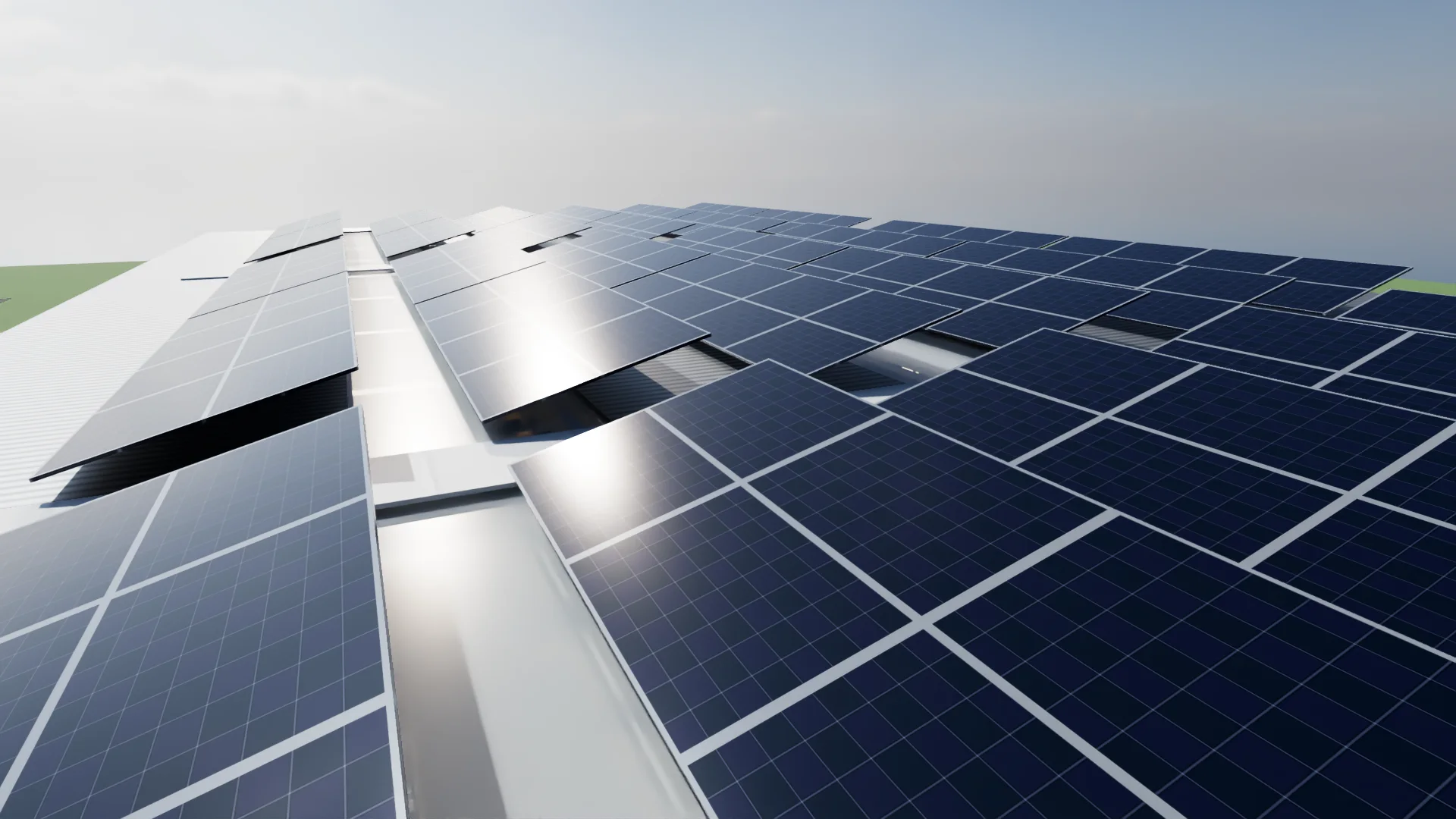 Close up on the roof, with the sun on the panels.