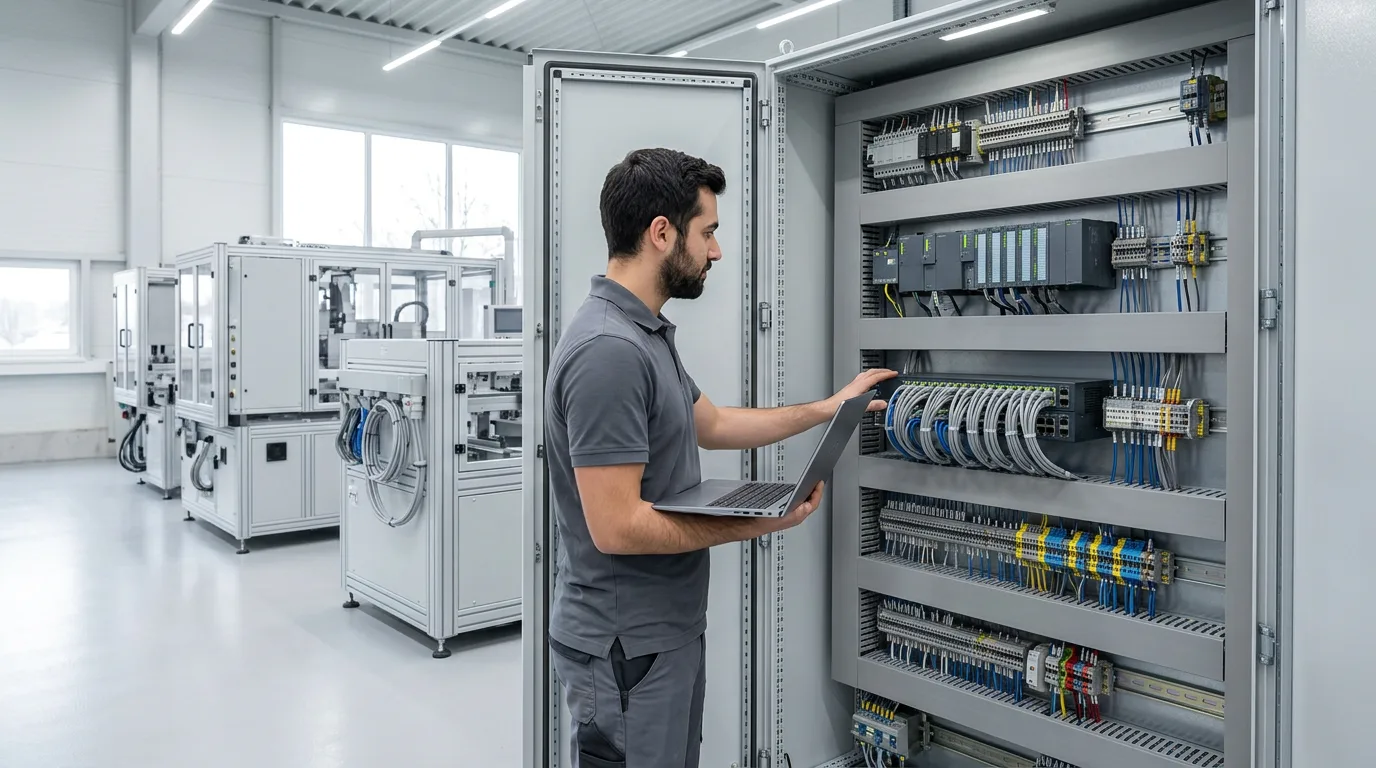 An open control cabinet with a PLC, network switches and tidy wiring
